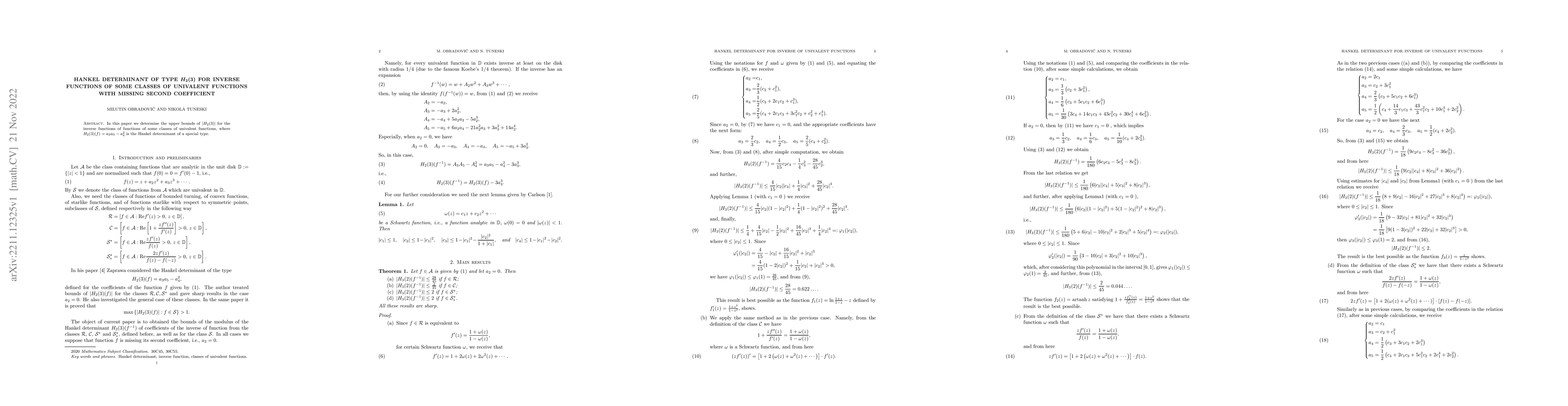 Thumbnail for Hankel determinant of type $H_{2}(3)$ for inverse functions of some
  classes of univalent functions with missing second coefficient
