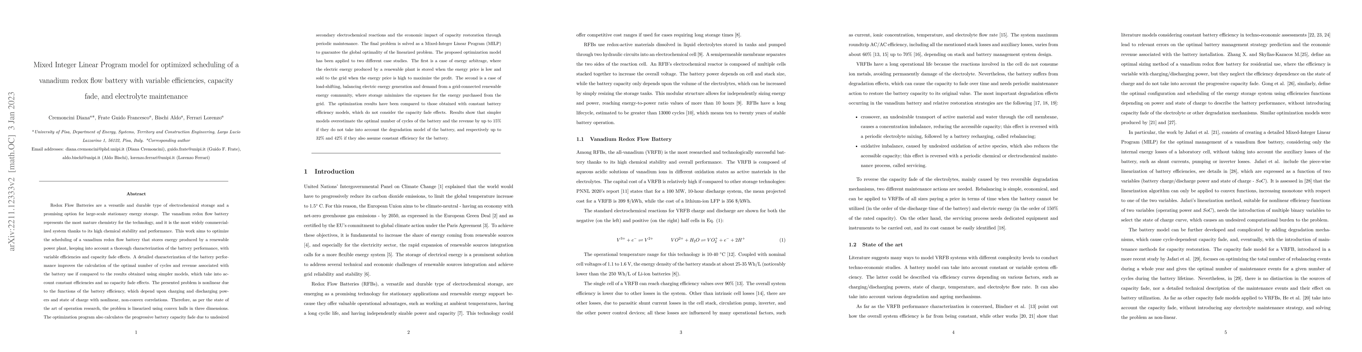 Thumbnail for Mixed Integer Linear Program model for optimized scheduling of a
  vanadium redox flow battery with variable efficiencies, capacity fade, and
  electrolyte maintenance