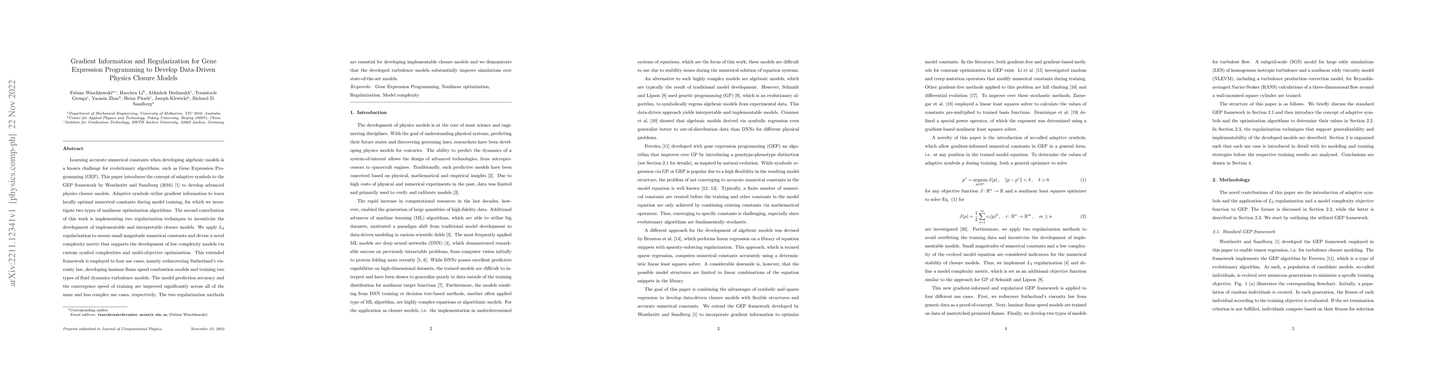 Thumbnail for Gradient Information and Regularization for Gene Expression Programming
  to Develop Data-Driven Physics Closure Models