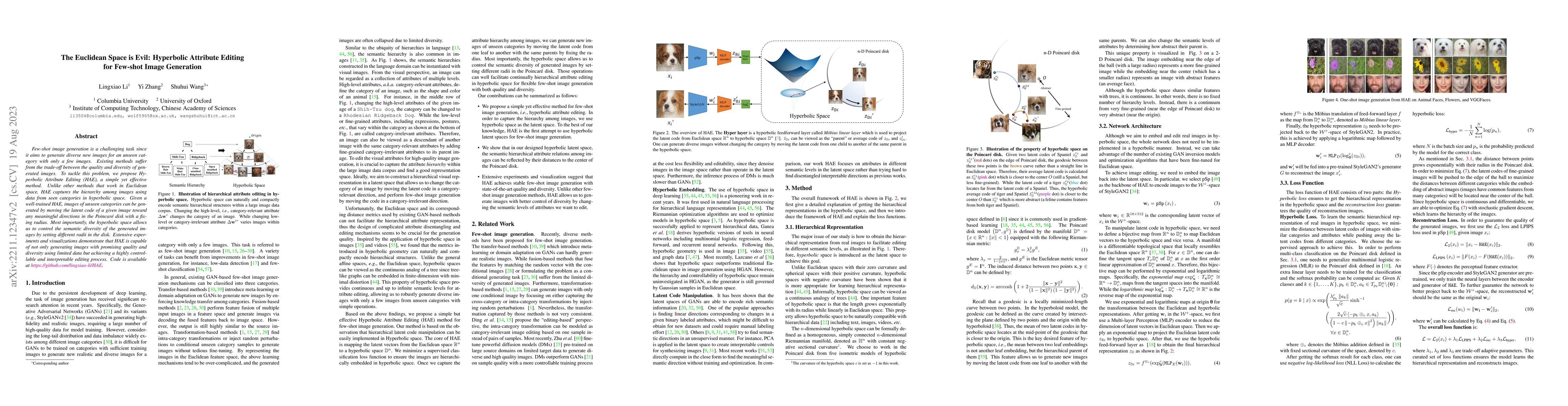 Thumbnail for The Euclidean Space is Evil: Hyperbolic Attribute Editing for Few-shot
  Image Generation