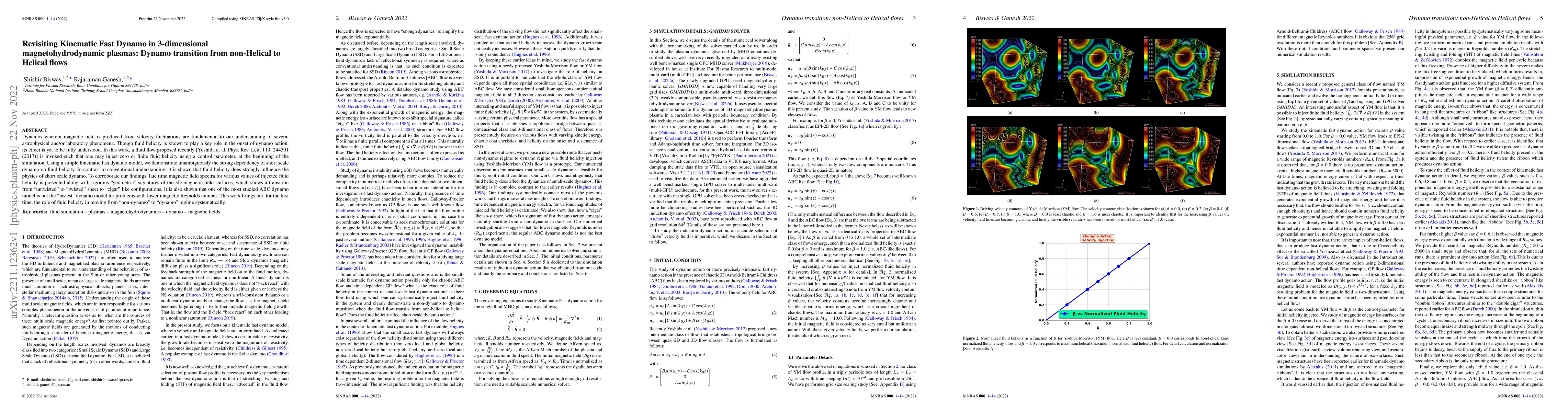 Thumbnail for Revisiting Kinematic Fast Dynamo in 3-dimensional magnetohydrodynamic
  plasmas: Dynamo transition from non-Helical to Helical flows