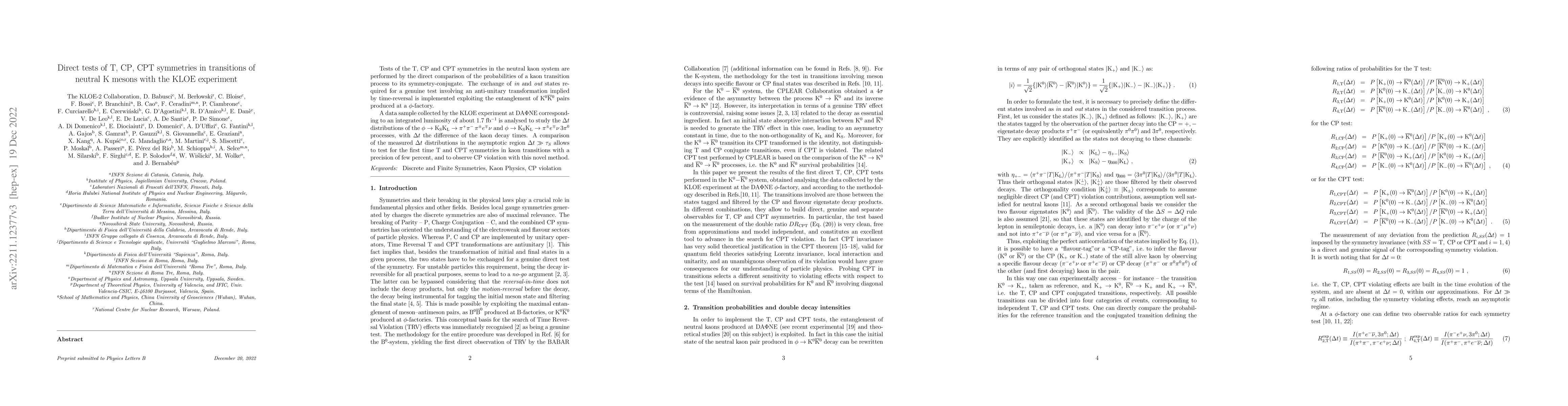Thumbnail for Direct tests of T, CP, CPT symmetries in transitions of neutral K mesons
  with the KLOE experiment