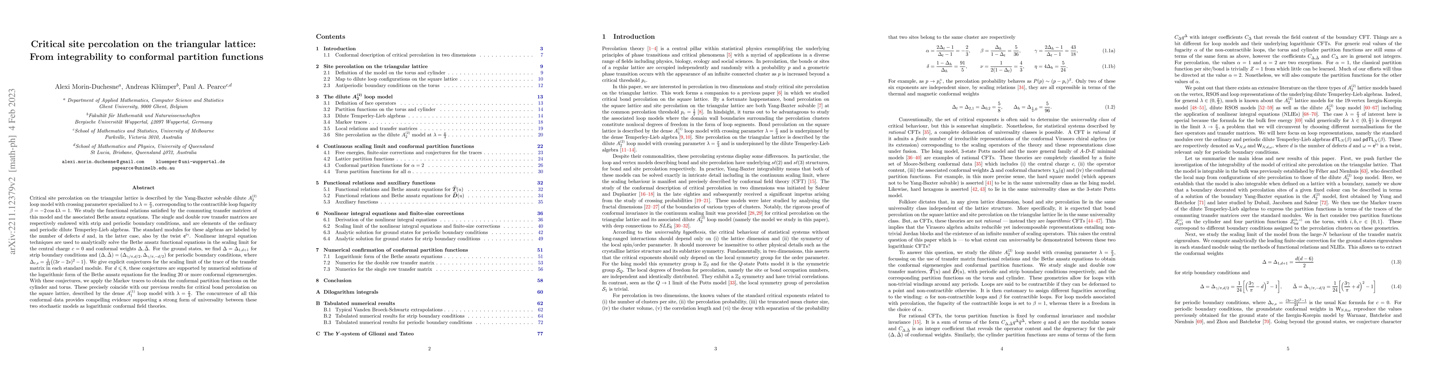 Thumbnail for Critical site percolation on the triangular lattice: From integrability
  to conformal partition functions