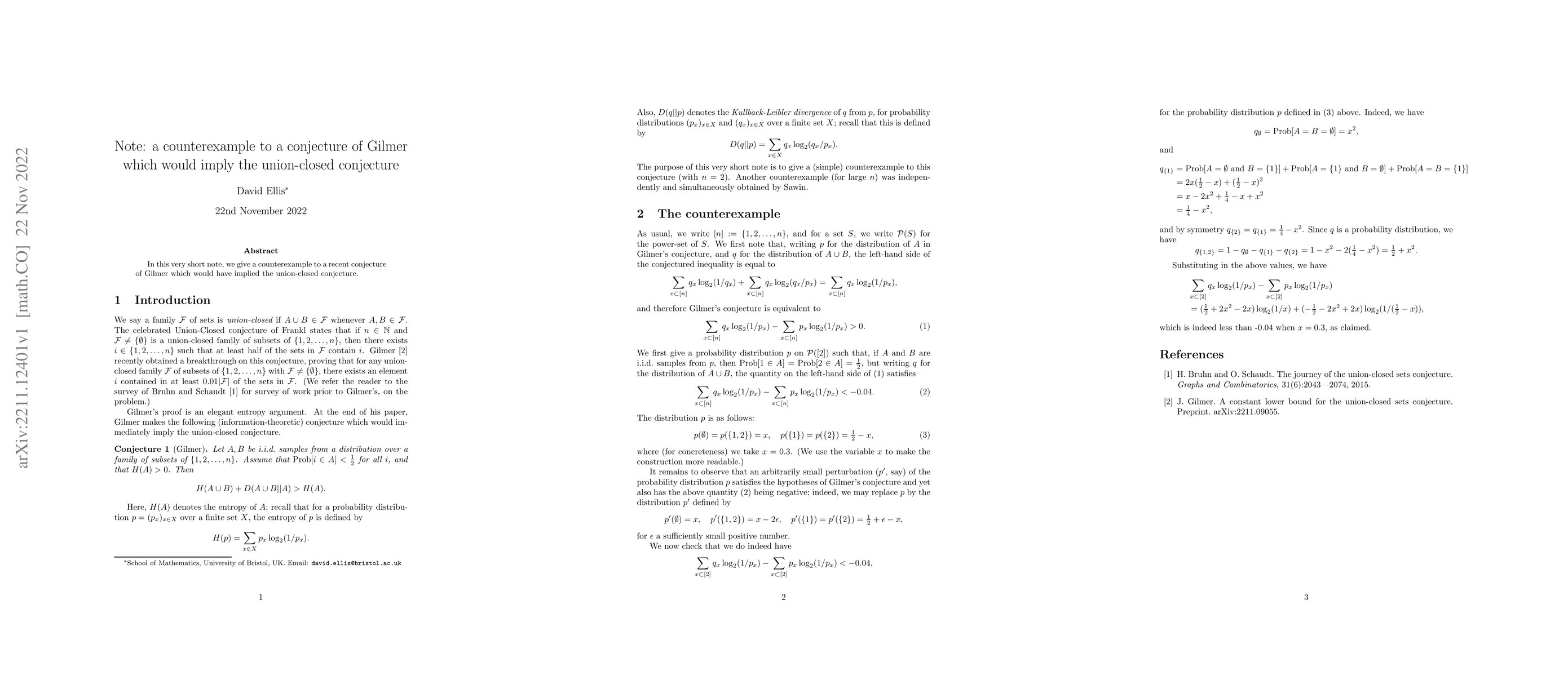 Thumbnail for Note: a counterexample to a conjecture of Gilmer which would imply the
  union-closed conjecture