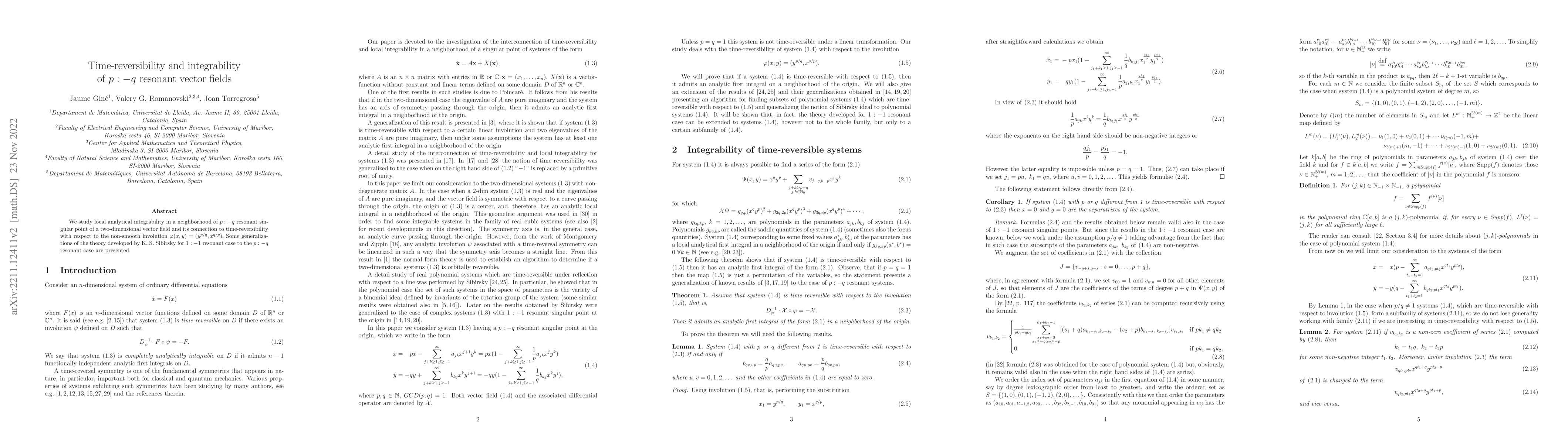 Thumbnail for Time-reversibility and integrability of p:-q resonant vector fields