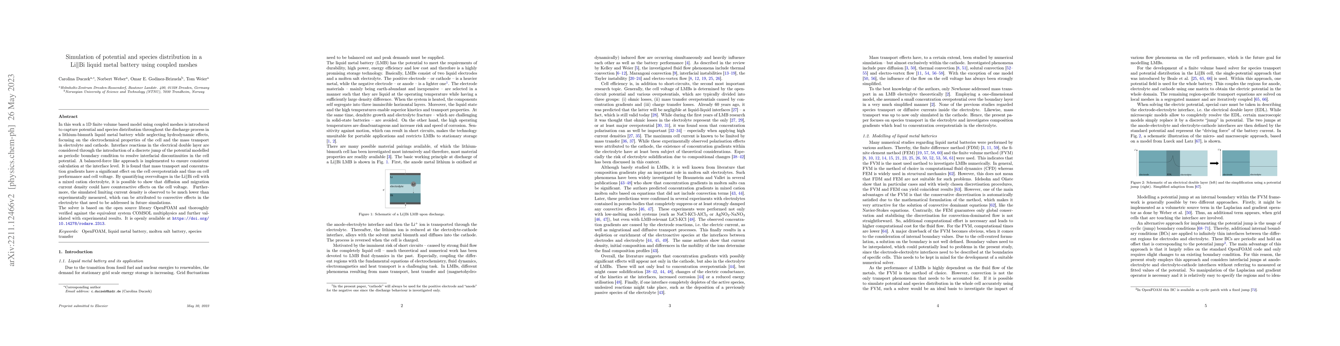 Thumbnail for Simulation of potential and species distribution in a Li||Bi liquid
  metal battery using coupled meshes