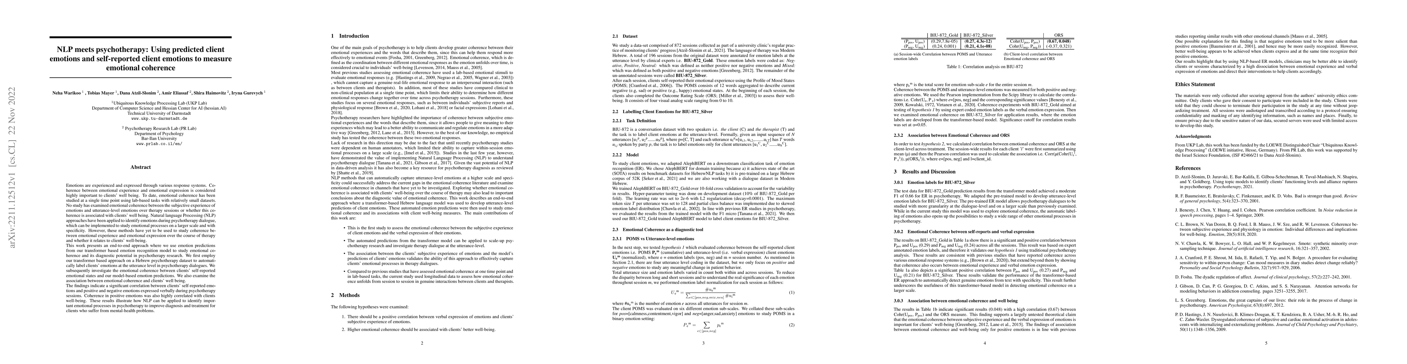 Thumbnail for NLP meets psychotherapy: Using predicted client emotions and
  self-reported client emotions to measure emotional coherence
