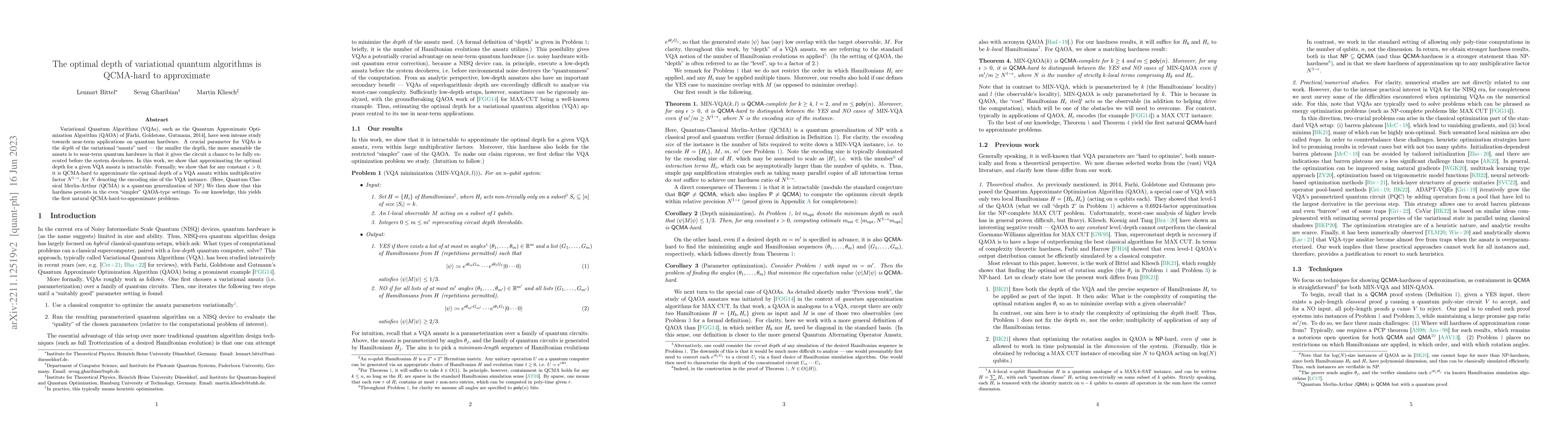 Thumbnail for Optimizing the depth of variational quantum algorithms is strongly
  QCMA-hard to approximate