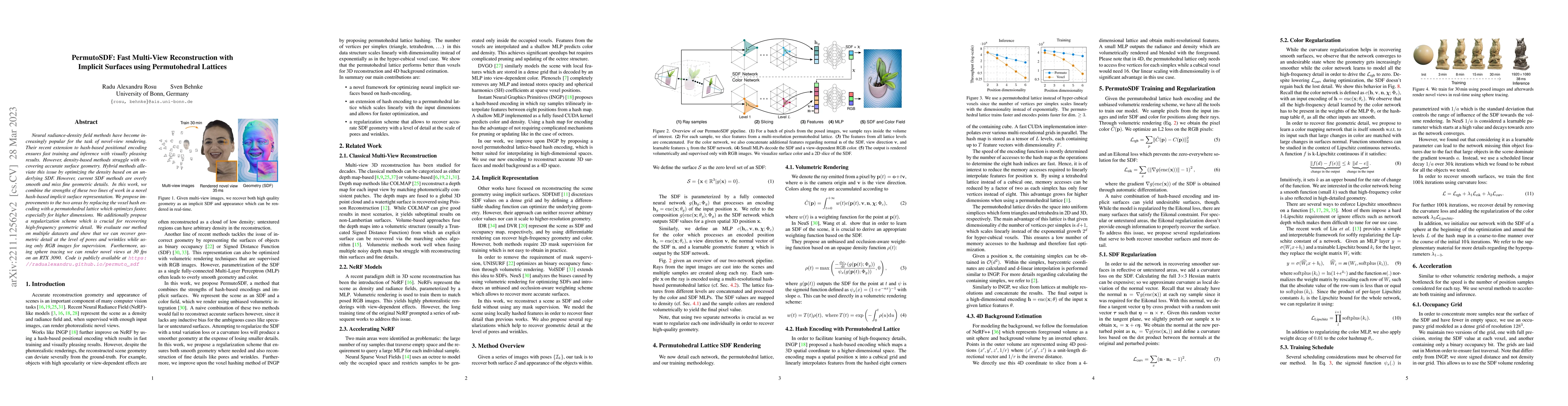 Thumbnail for PermutoSDF: Fast Multi-View Reconstruction with Implicit Surfaces using
  Permutohedral Lattices