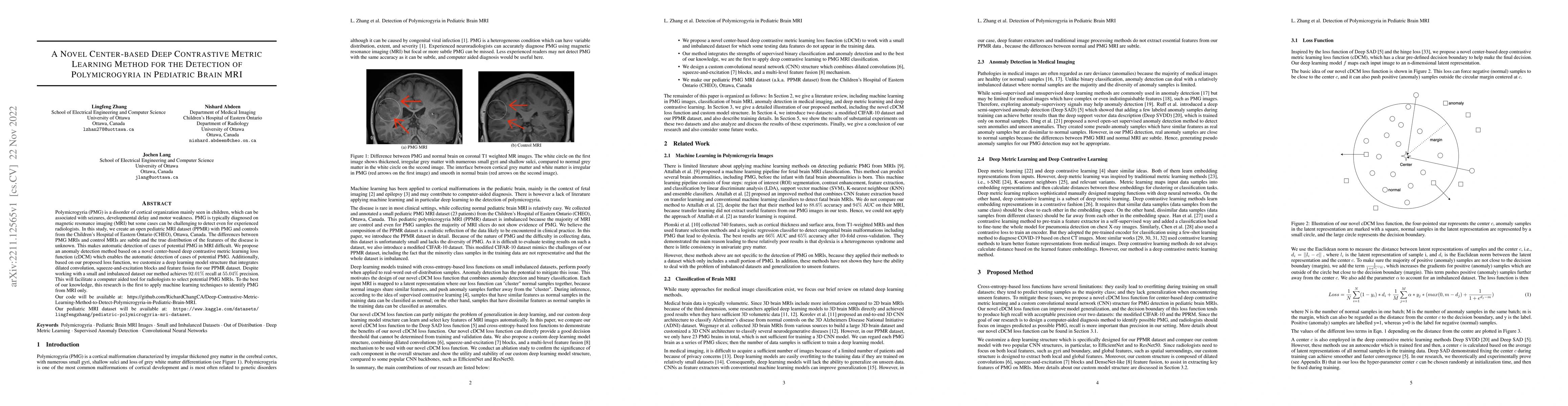 Thumbnail for A Novel Center-based Deep Contrastive Metric Learning Method for the
  Detection of Polymicrogyria in Pediatric Brain MRI