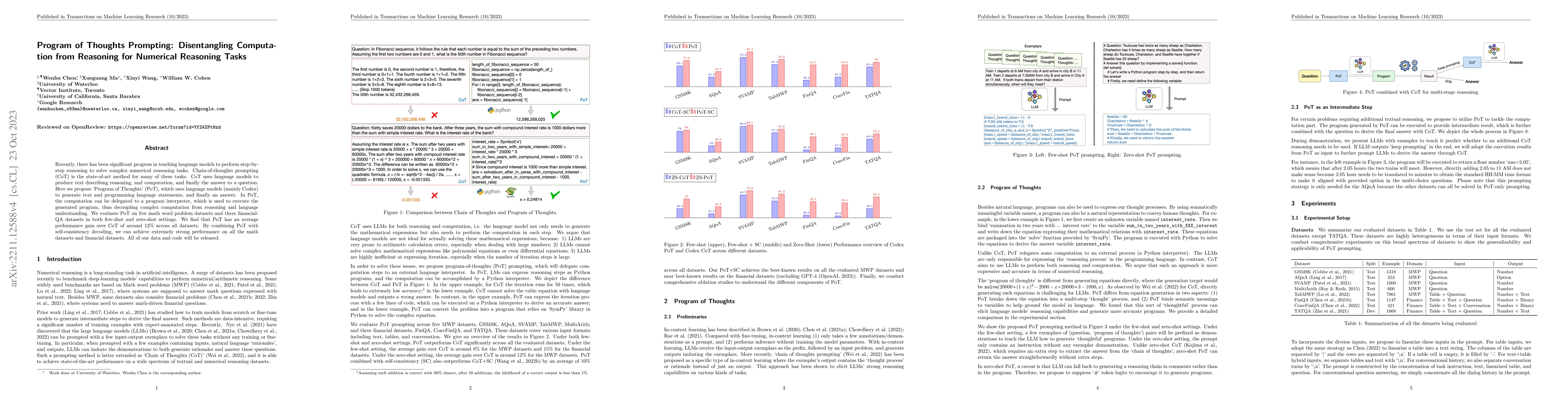 Thumbnail for Program of Thoughts Prompting: Disentangling Computation from Reasoning
  for Numerical Reasoning Tasks