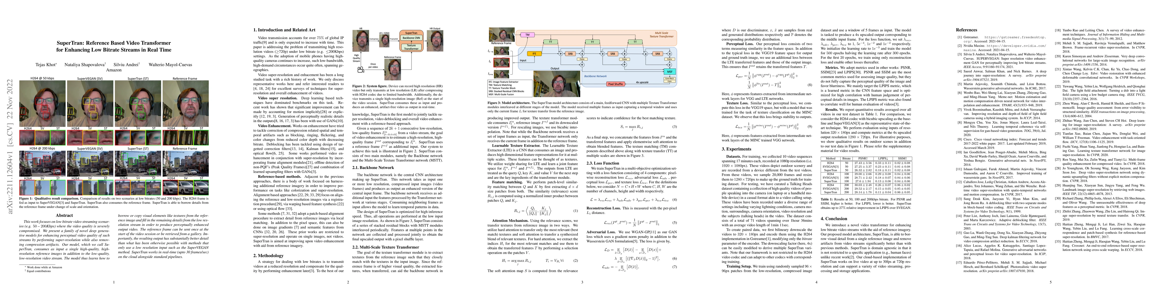 Thumbnail for SuperTran: Reference Based Video Transformer for Enhancing Low Bitrate
  Streams in Real Time
