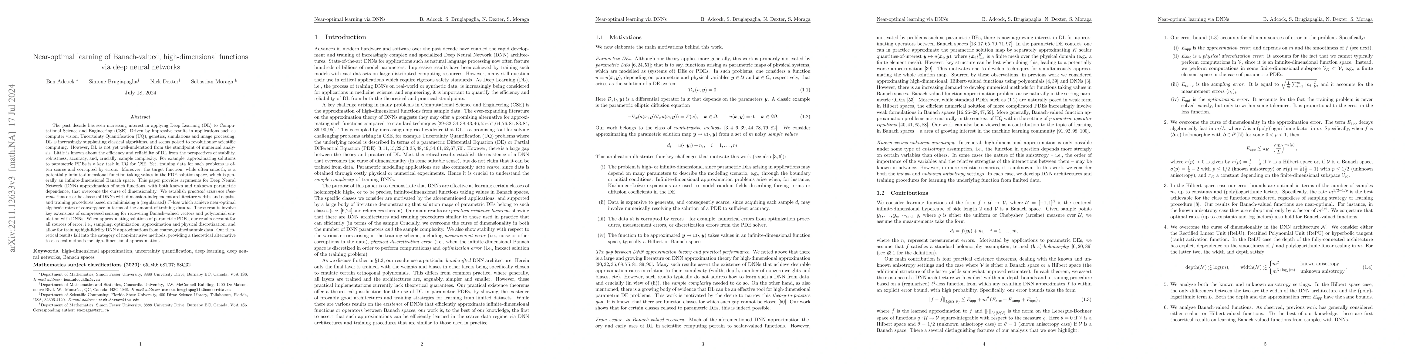 Thumbnail for Near-optimal learning of Banach-valued, high-dimensional functions via
  deep neural networks