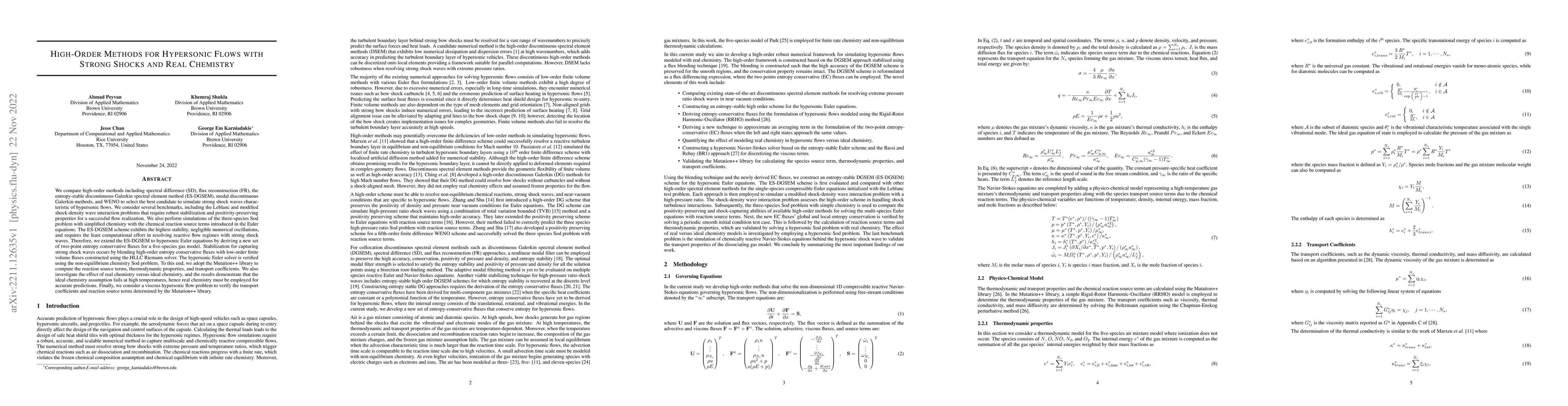 Thumbnail for High-Order Methods for Hypersonic Flows with Strong Shocks and Real
  Chemistry