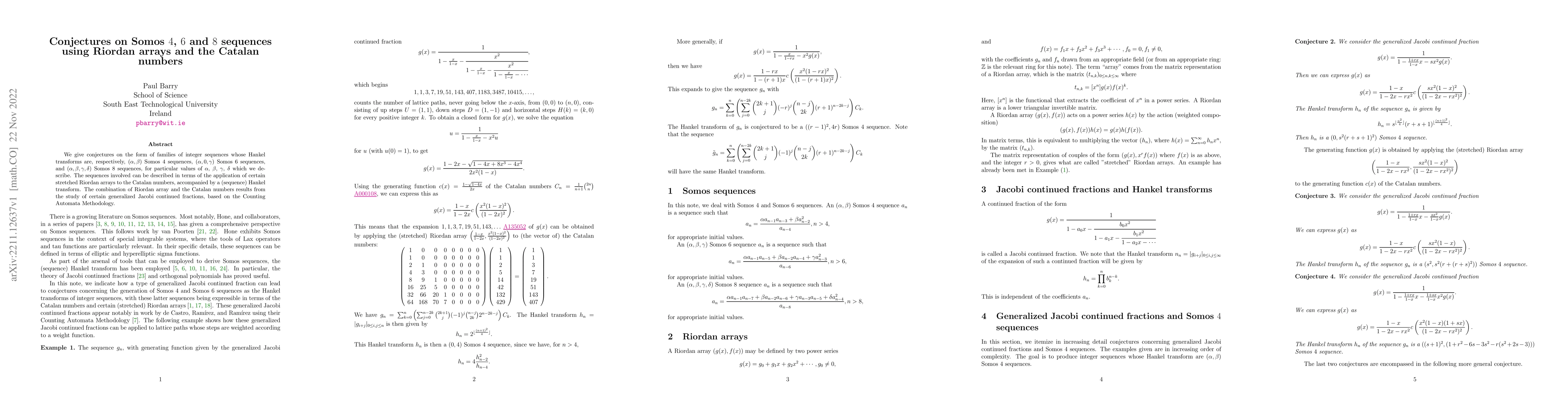 Thumbnail for Conjectures on Somos $4$, $6$ and $8$ sequences using Riordan arrays and
  the Catalan numbers