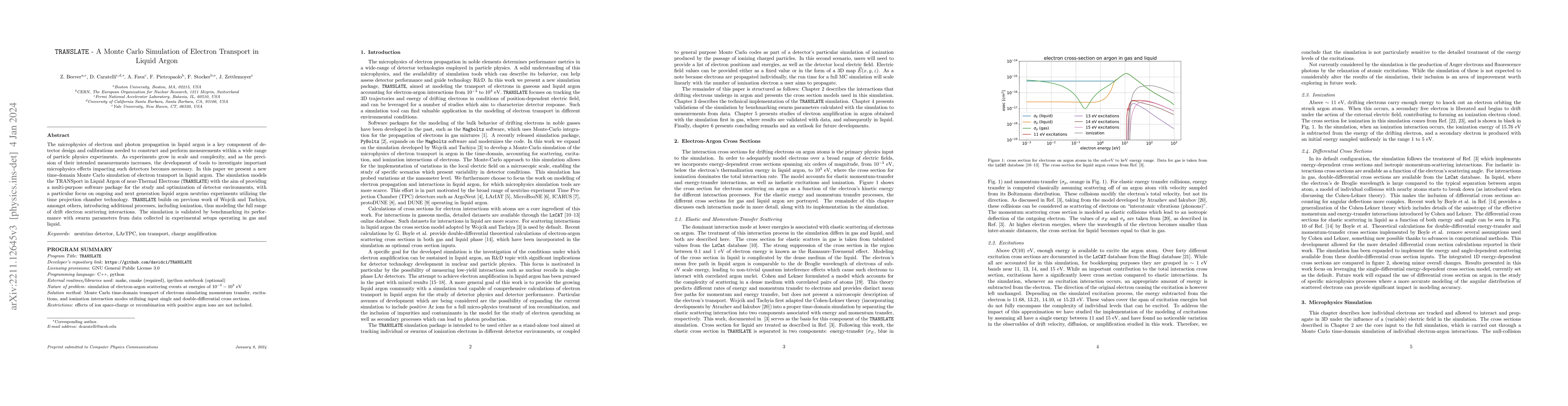 Thumbnail for TRANSLATE -- A Monte Carlo Simulation of Electron Transport in Liquid
  Argon
