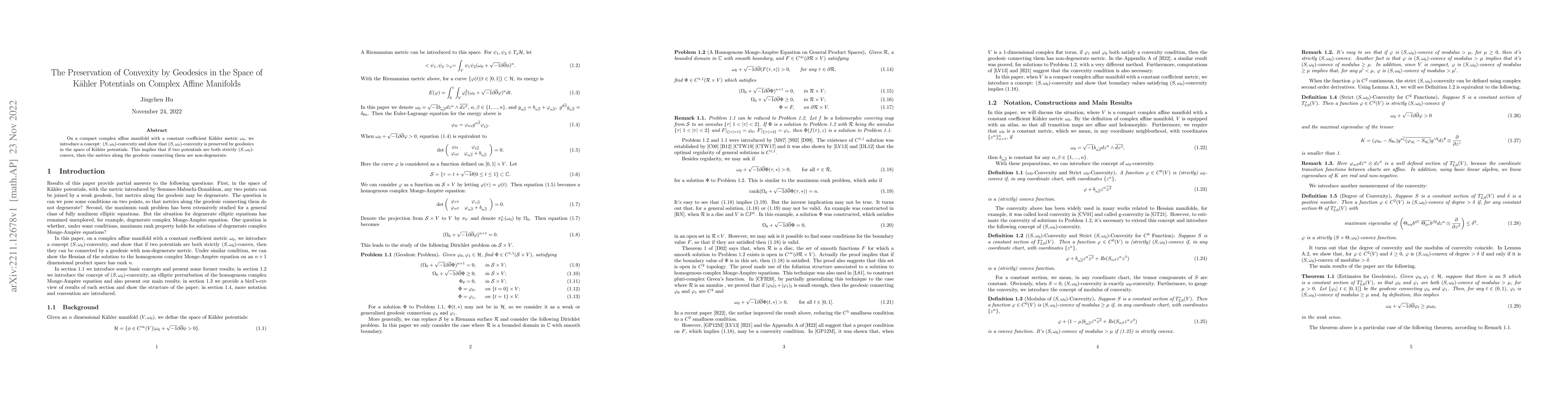 Thumbnail for The Preservation of Convexity by Geodesics in the Space of K\"ahler
  Potentials on Complex Affine Manifolds