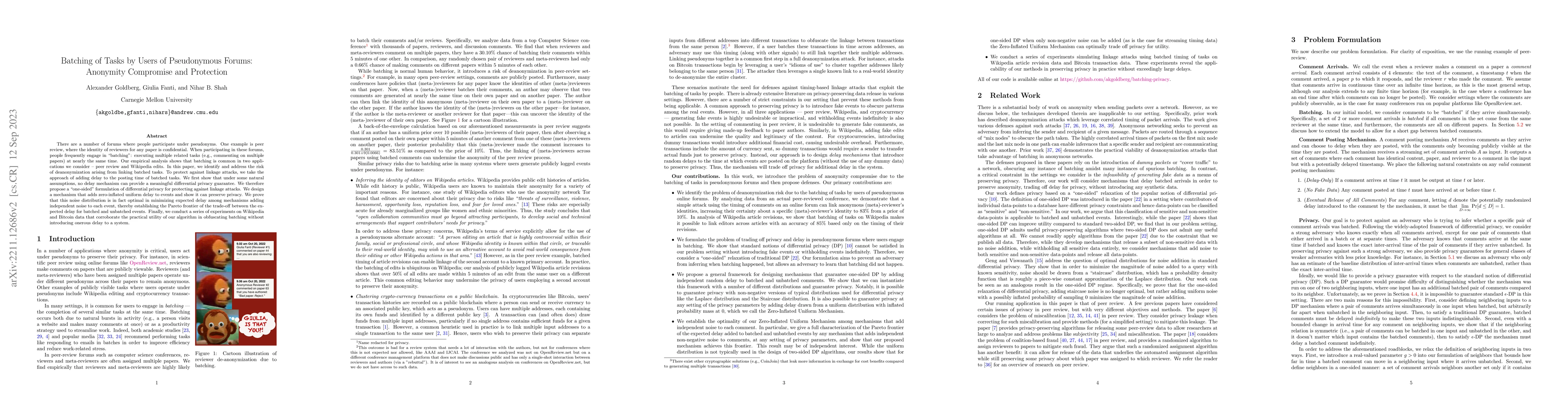 Thumbnail for Batching of Tasks by Users of Pseudonymous Forums: Anonymity Compromise
  and Protection
