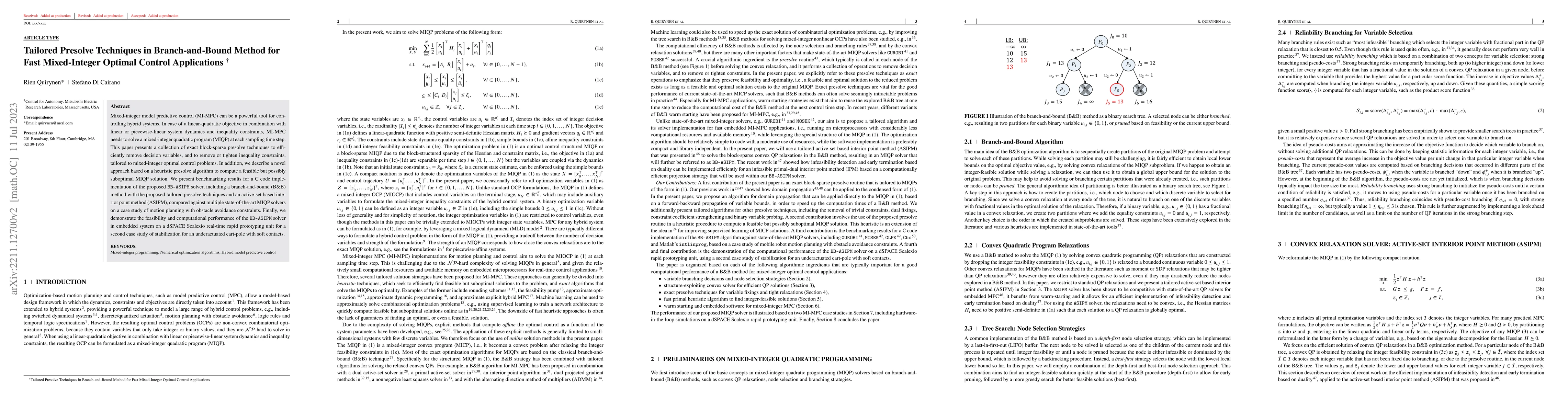 Thumbnail for Tailored Presolve Techniques in Branch-and-Bound Method for Fast
  Mixed-Integer Optimal Control Applications