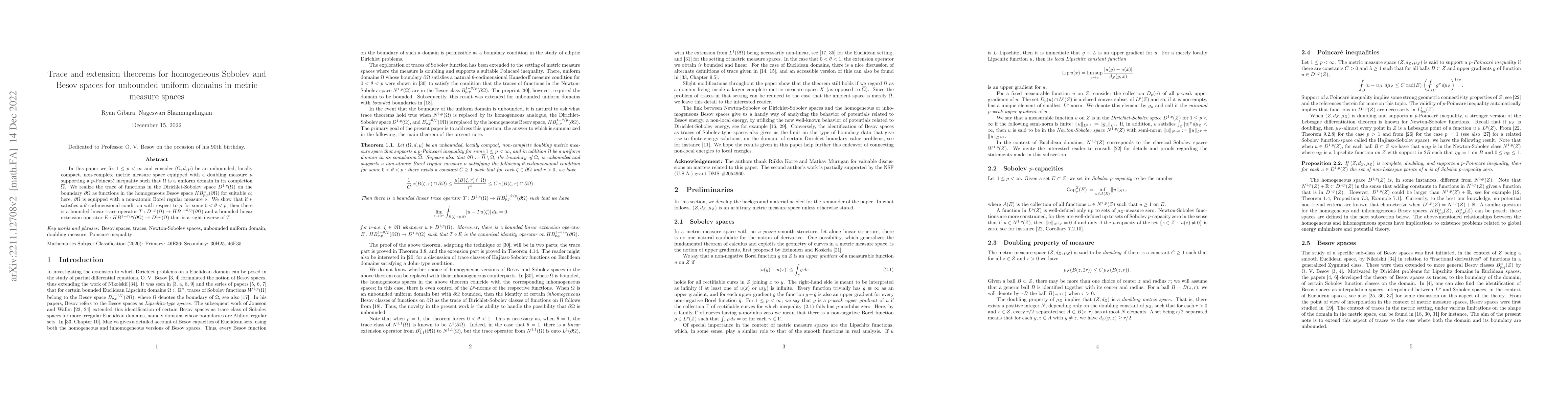 Thumbnail for Trace and extension theorems for homogeneous Sobolev and Besov spaces
  for unbounded uniform domains in metric measure spaces