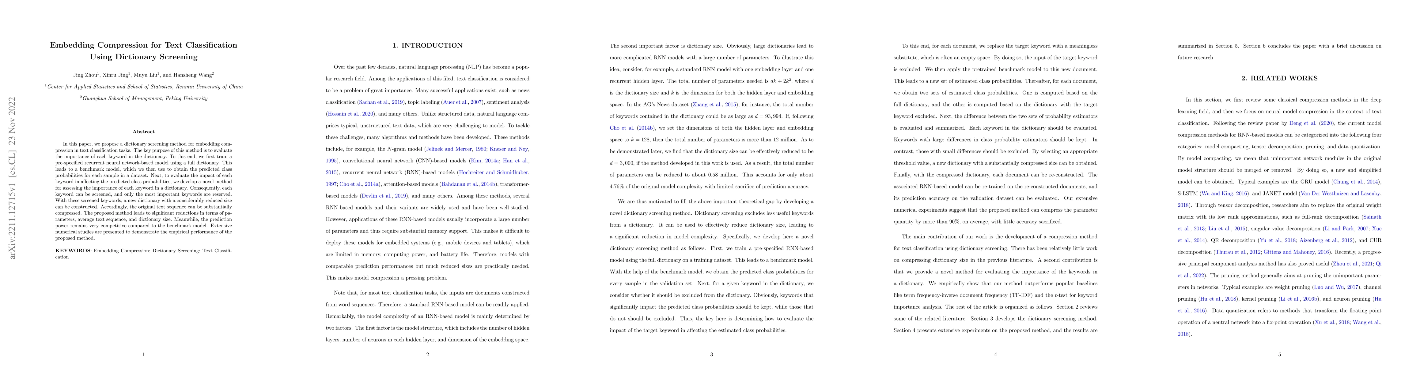 Thumbnail for Embedding Compression for Text Classification Using Dictionary Screening