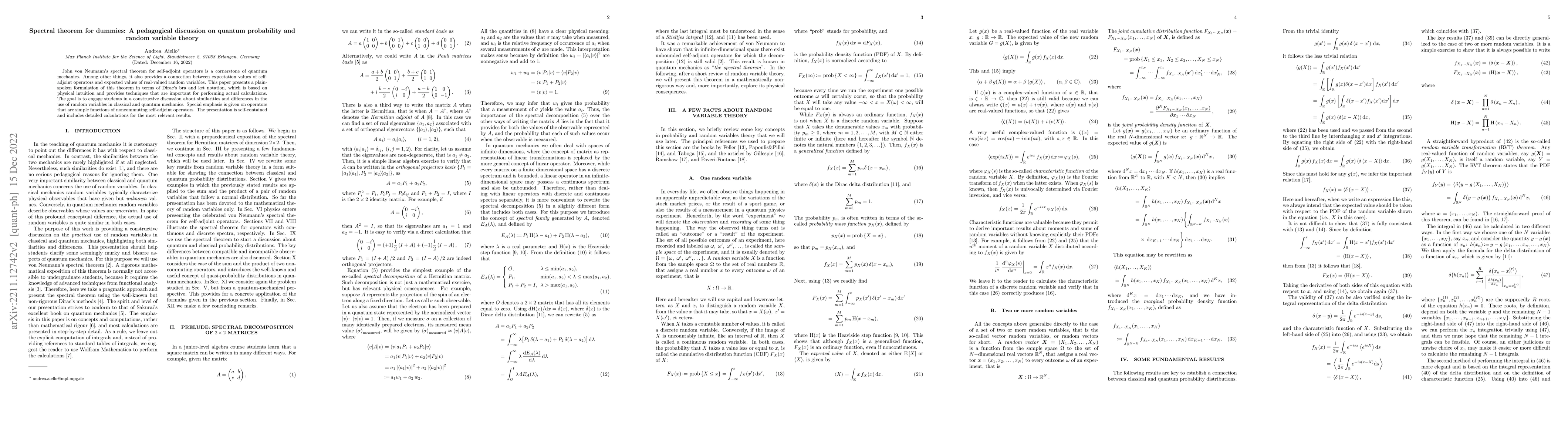 Thumbnail for Spectral theorem for dummies: A pedagogical discussion on quantum
  probability and random variable theory