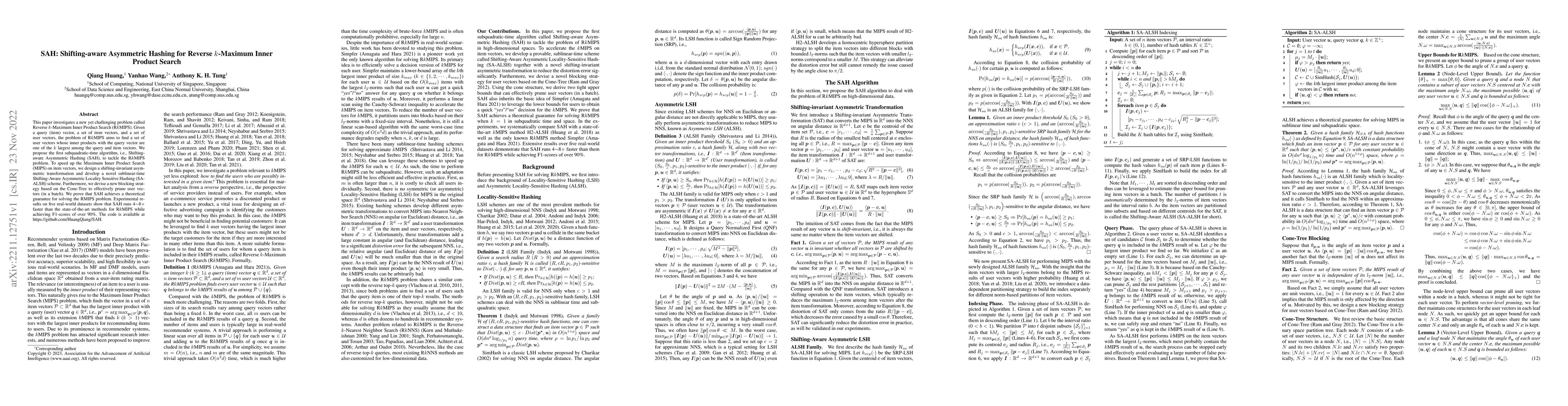 Thumbnail for SAH: Shifting-aware Asymmetric Hashing for Reverse $k$-Maximum Inner
  Product Search