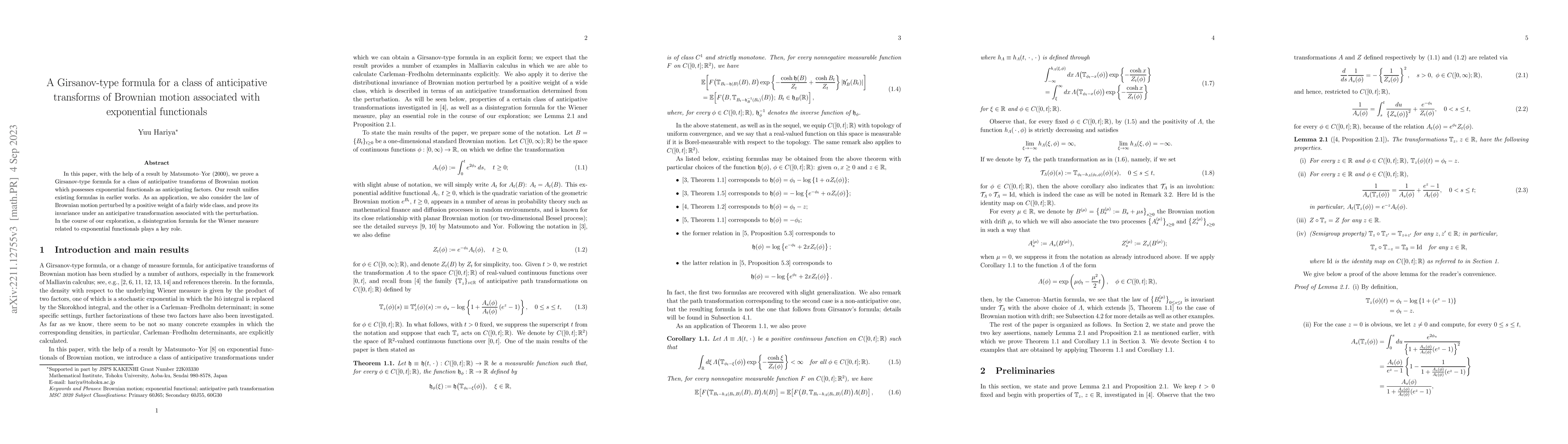 Thumbnail for A Girsanov-type formula for a class of anticipative transforms of
  Brownian motion associated with exponential functionals