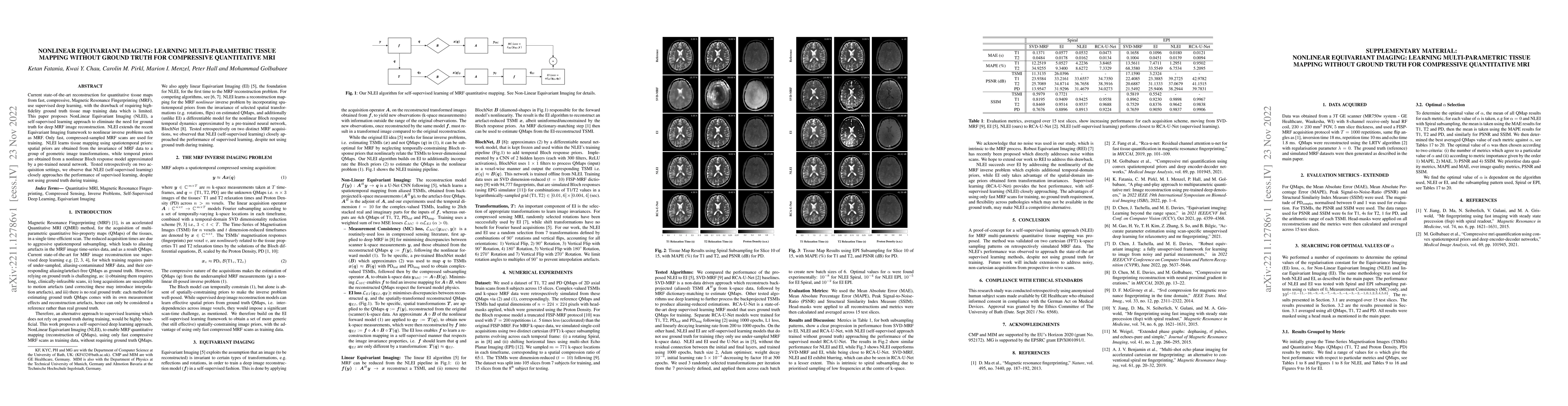 Thumbnail for Nonlinear Equivariant Imaging: Learning Multi-Parametric Tissue Mapping
  without Ground Truth for Compressive Quantitative MRI