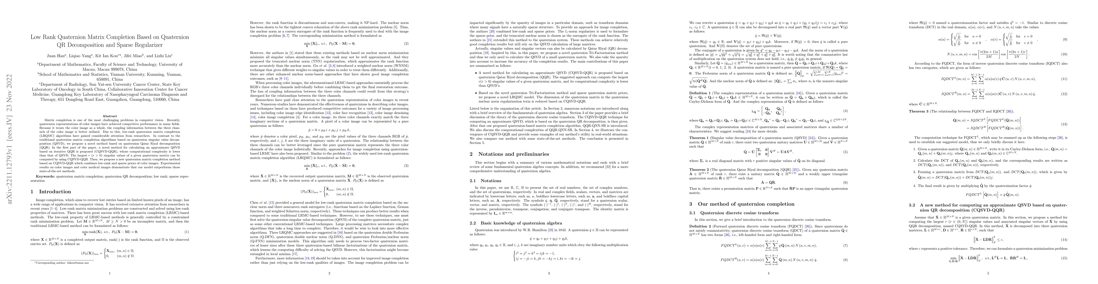 Thumbnail for Low Rank Quaternion Matrix Completion Based on Quaternion QR
  Decomposition and Sparse Regularizer
