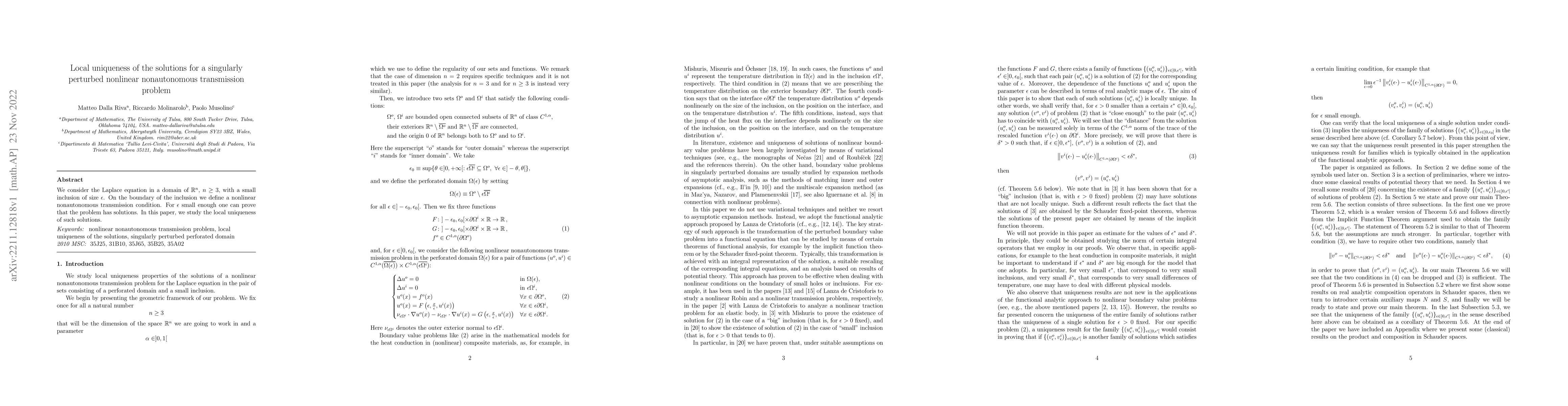 Thumbnail for Local uniqueness of the solutions for a singularly perturbed nonlinear
  nonautonomous transmission problem