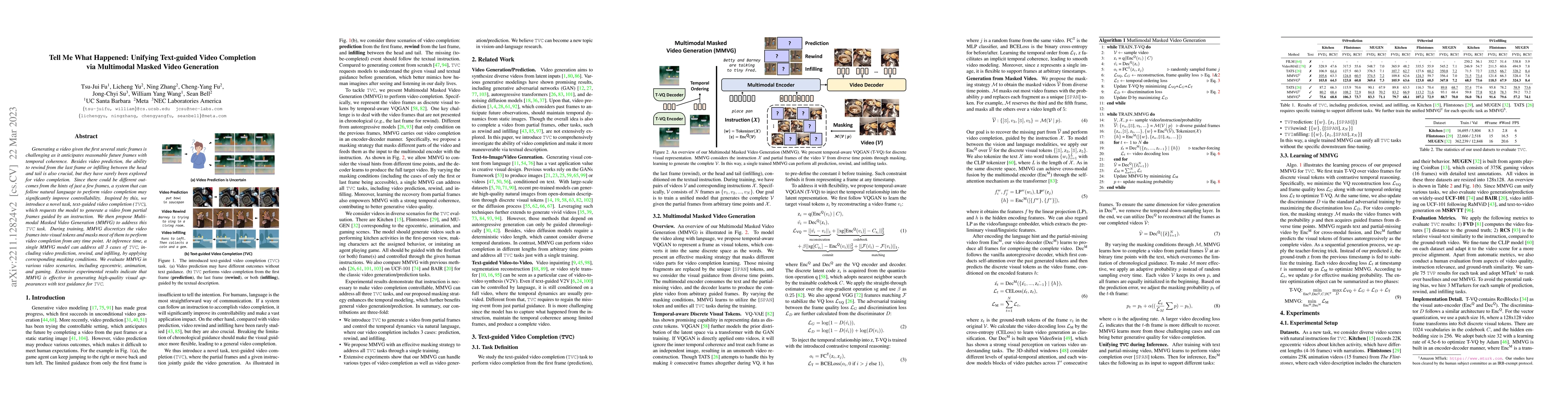 Thumbnail for Tell Me What Happened: Unifying Text-guided Video Completion via
  Multimodal Masked Video Generation