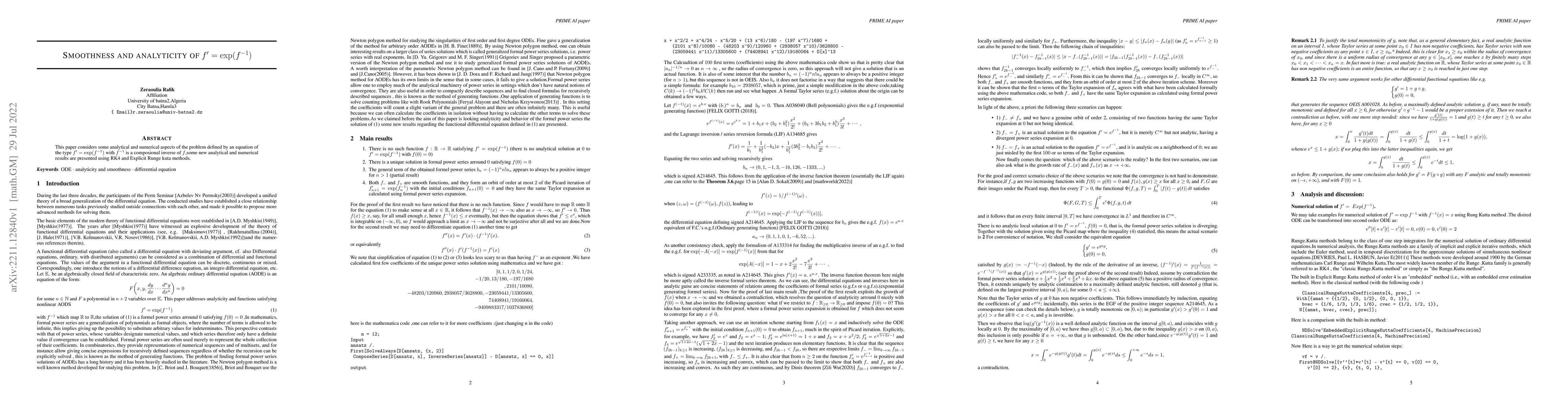 Thumbnail for Smoothness and analyticity of $f'=\exp({f^{-1}})$