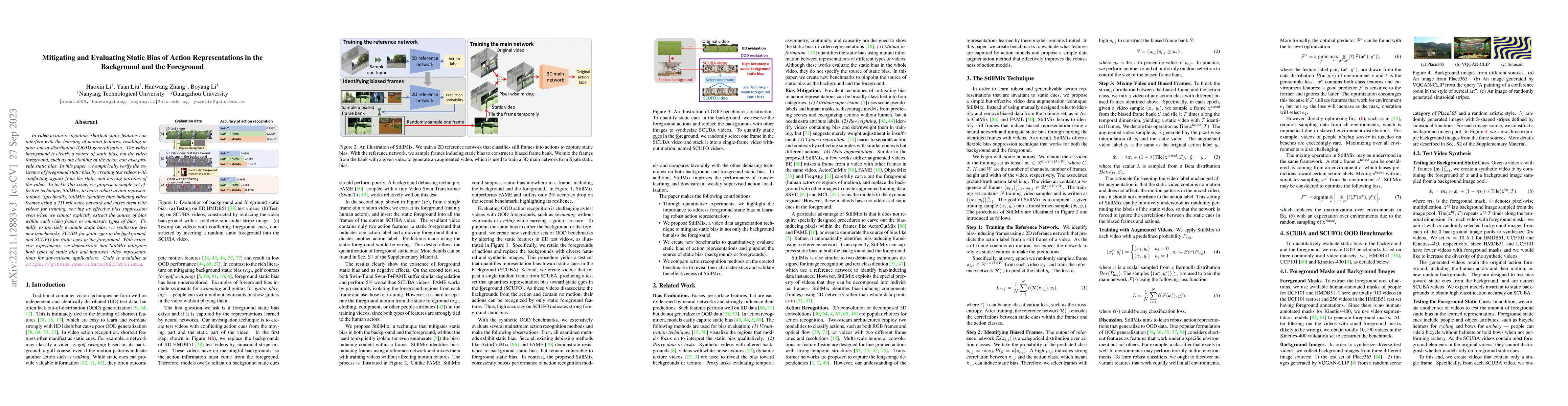 Thumbnail for Mitigating and Evaluating Static Bias of Action Representations in the
  Background and the Foreground