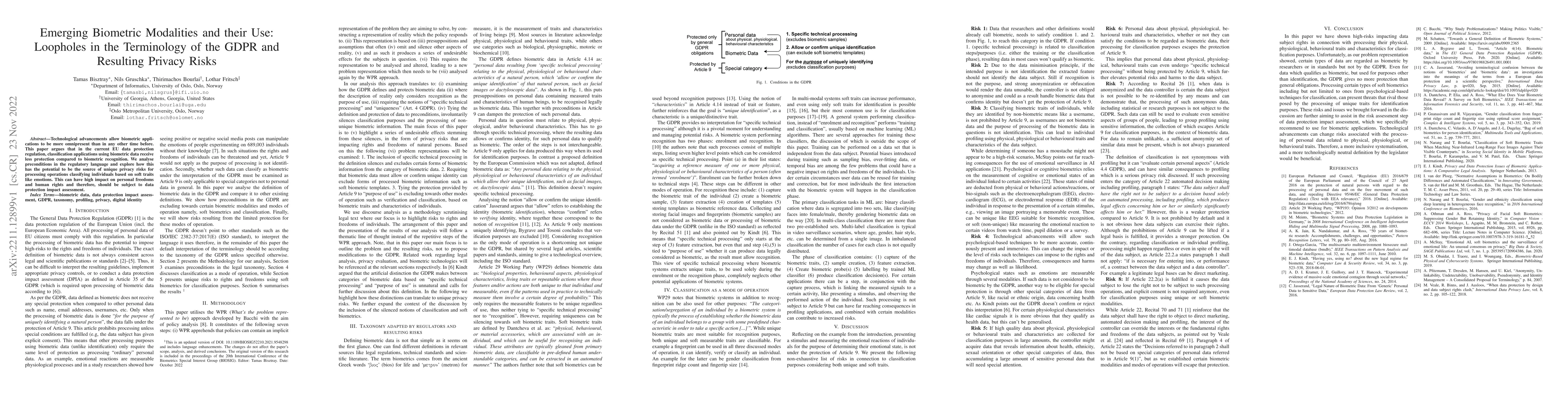 Thumbnail for Emerging Biometric Modalities and their Use: Loopholes in the
  Terminology of the GDPR and Resulting Privacy Risks