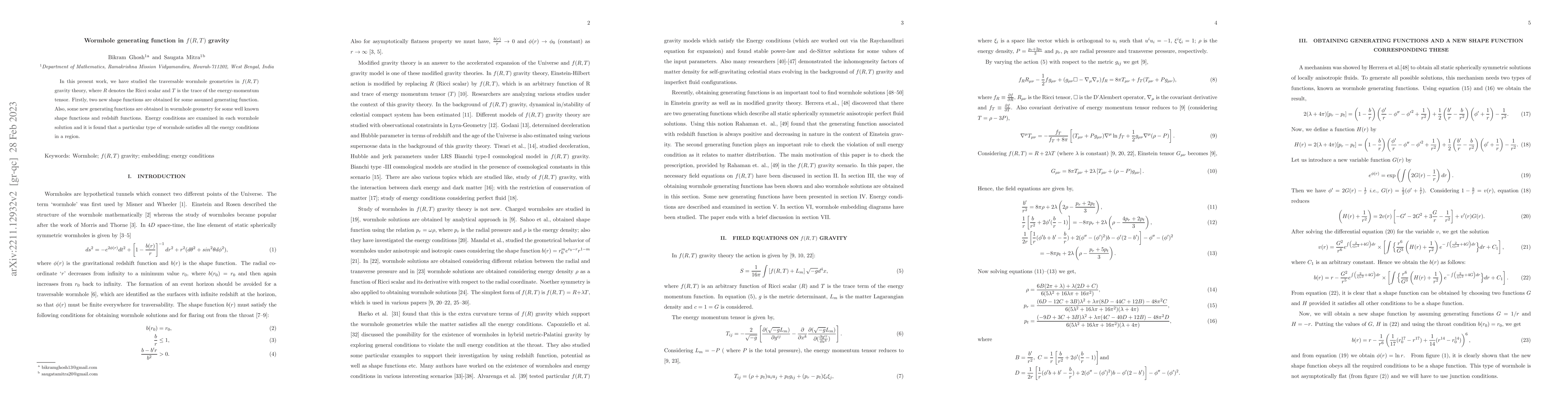 Thumbnail for Wormhole generating function in $f(R,T)$ gravity