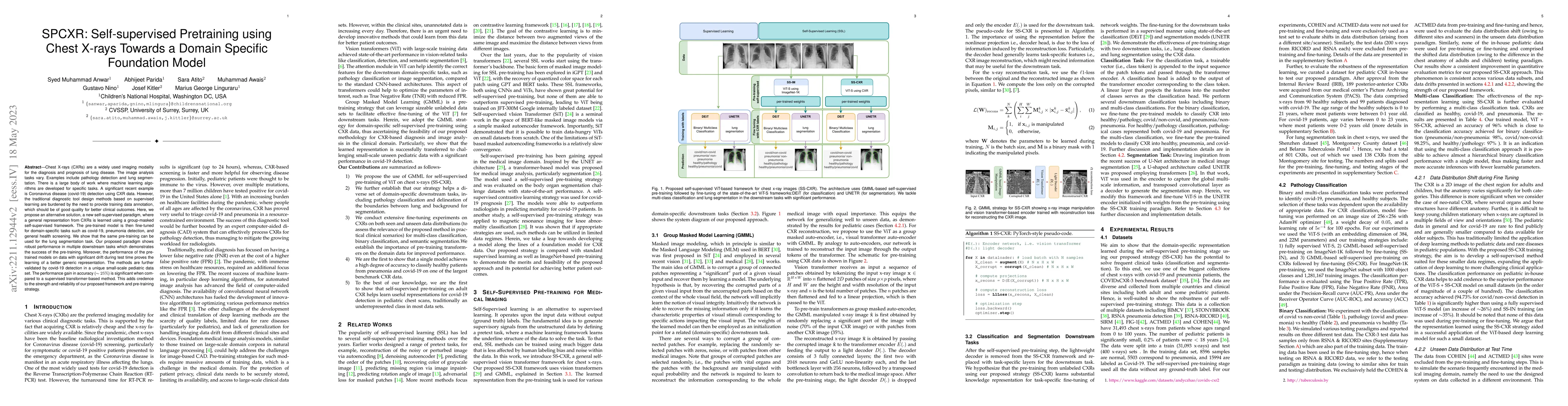 Thumbnail for SPCXR: Self-supervised Pretraining using Chest X-rays Towards a Domain
  Specific Foundation Model
