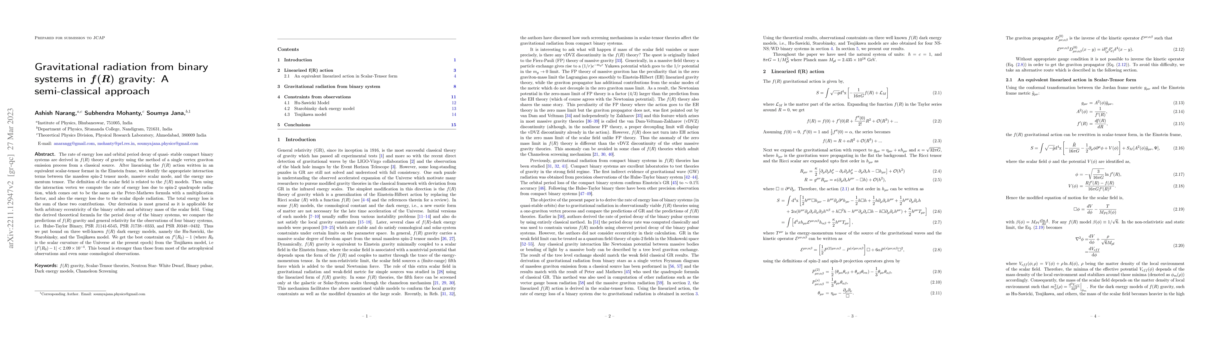 Thumbnail for Gravitational radiation from binary systems in $f(R)$ gravity: A
  semi-classical approach