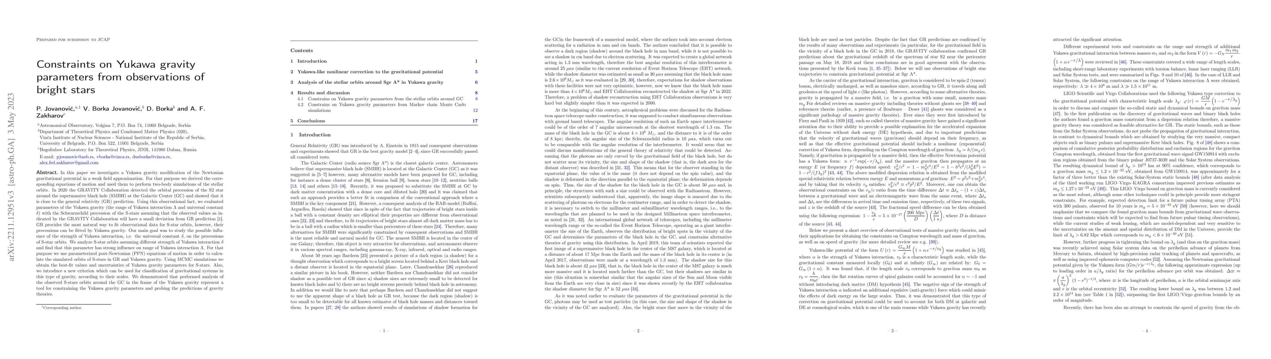 Thumbnail for Constraints on Yukawa gravity parameters from observations of bright
  stars