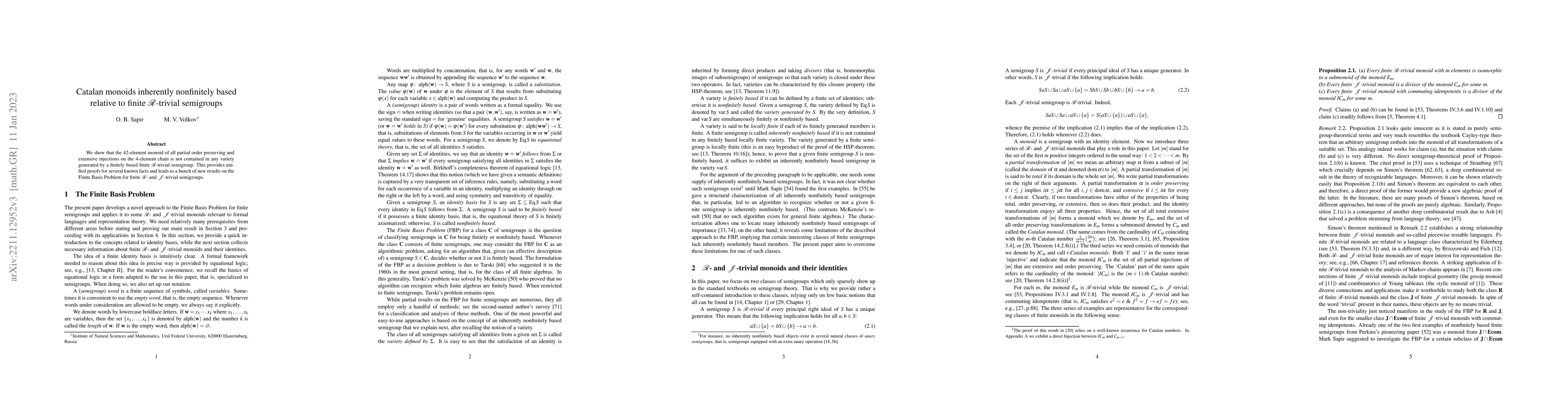 Thumbnail for Catalan monoids inherently nonfinitely based relative to finite
  $\mathcal{R}$-trivial semigroups