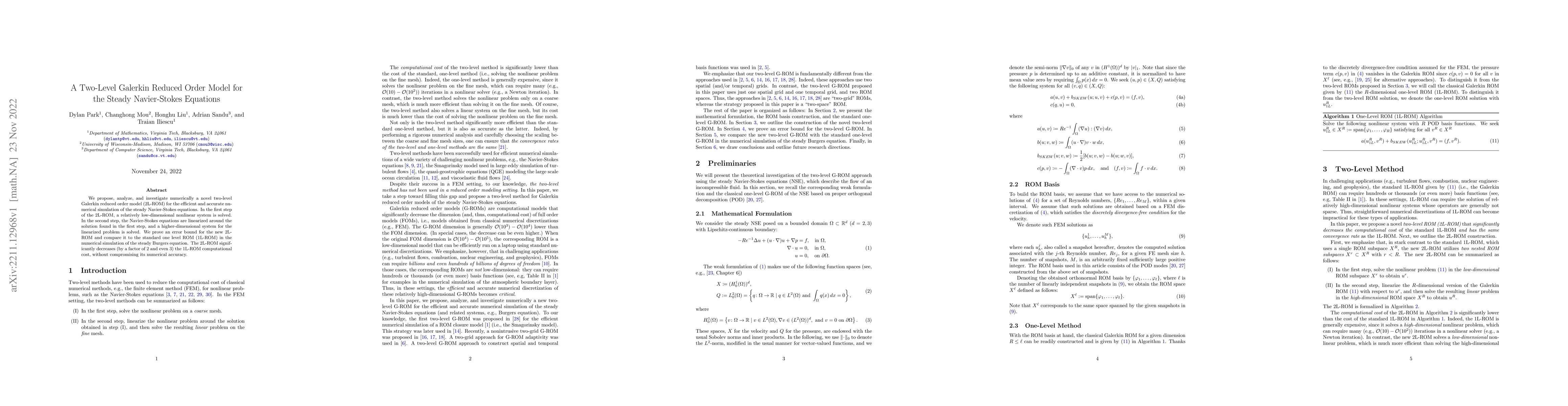Thumbnail for A Two-Level Galerkin Reduced Order Model for the Steady Navier-Stokes
  Equations