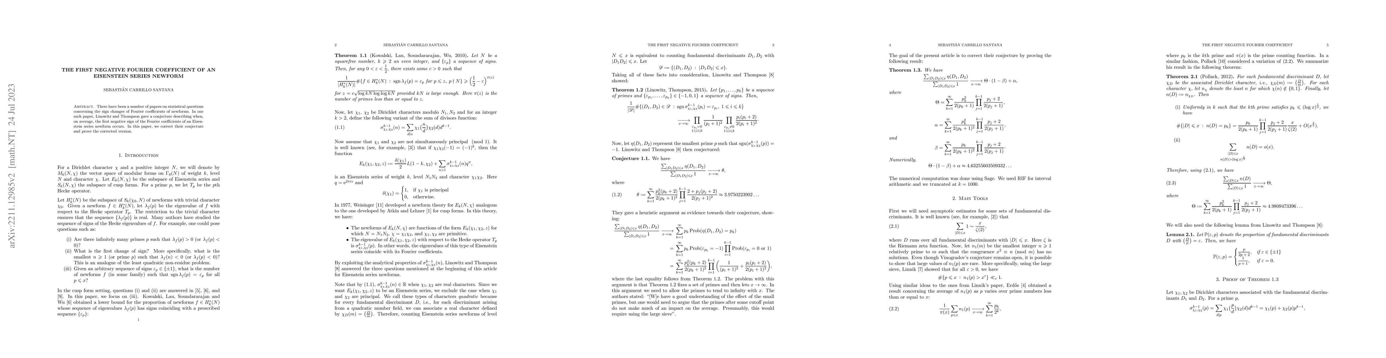 Thumbnail for The first negative Fourier coefficient of an Eisenstein series newform
