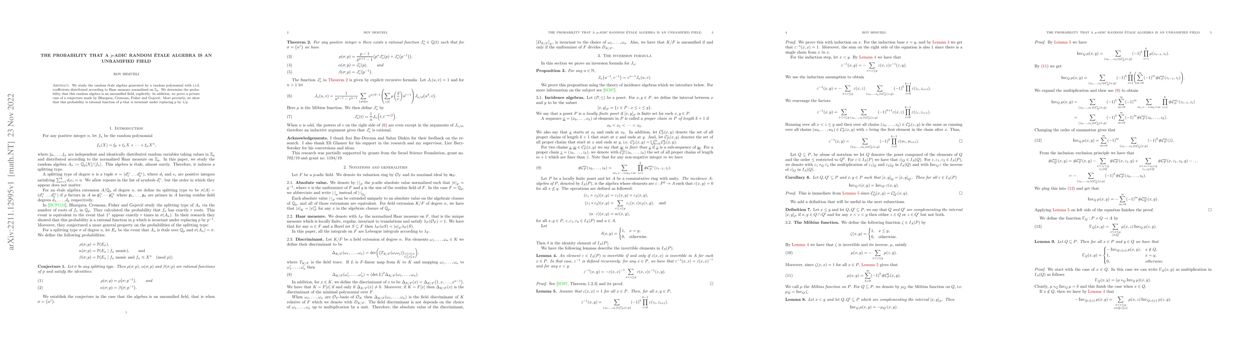 Thumbnail for The probability that a p-adic random \'etale algebra is an unramified
  field