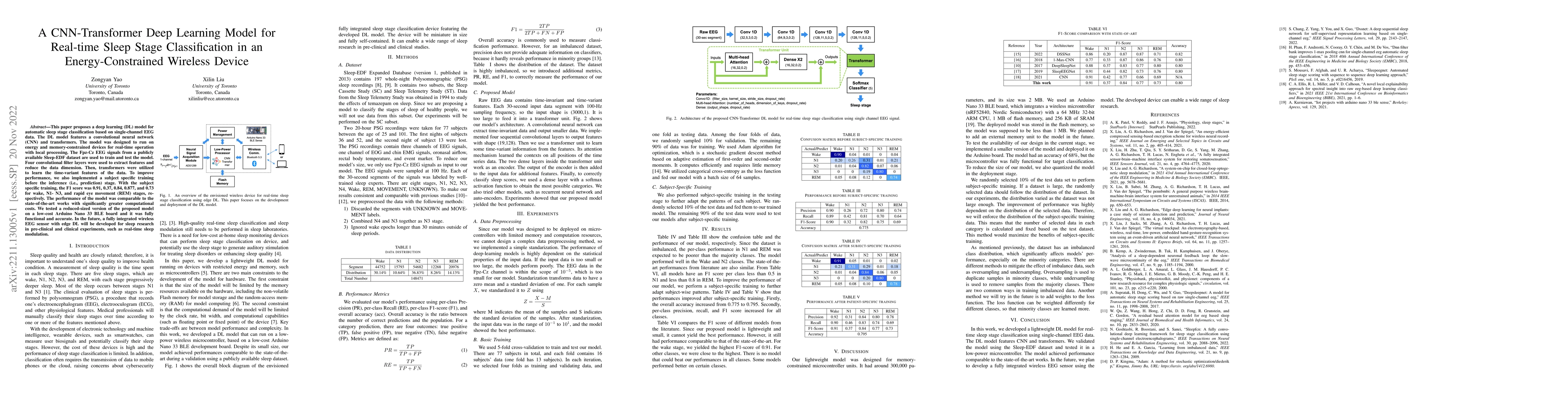 Thumbnail for A CNN-Transformer Deep Learning Model for Real-time Sleep Stage
  Classification in an Energy-Constrained Wireless Device