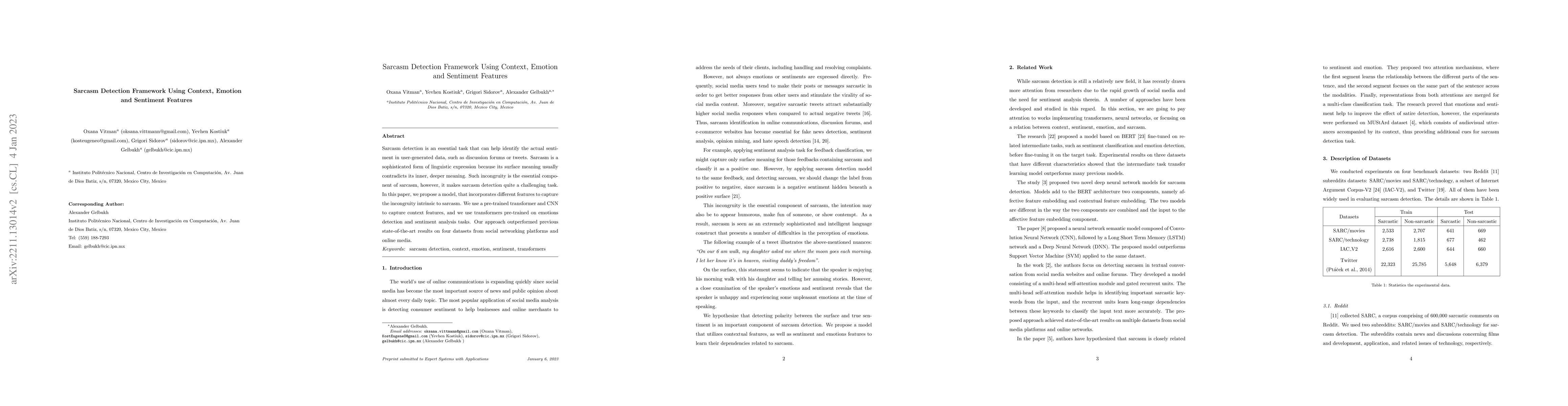 Thumbnail for Sarcasm Detection Framework Using Context, Emotion and Sentiment
  Features