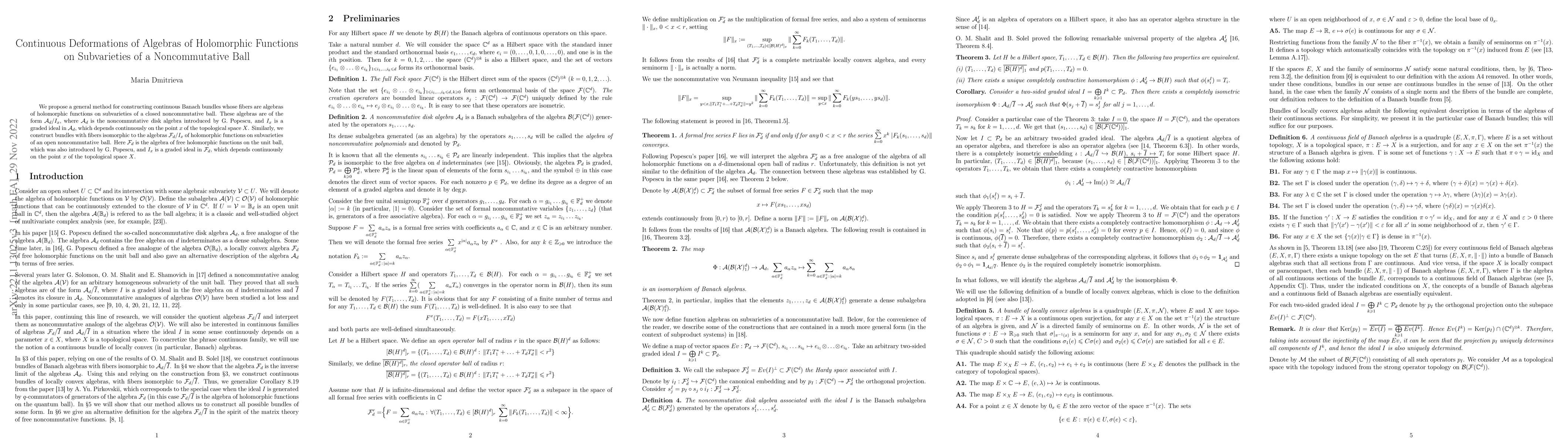 Thumbnail for Continuous Deformations of Algebras of Holomorphic Functions on
  Subvarieties of a Noncommutative Ball