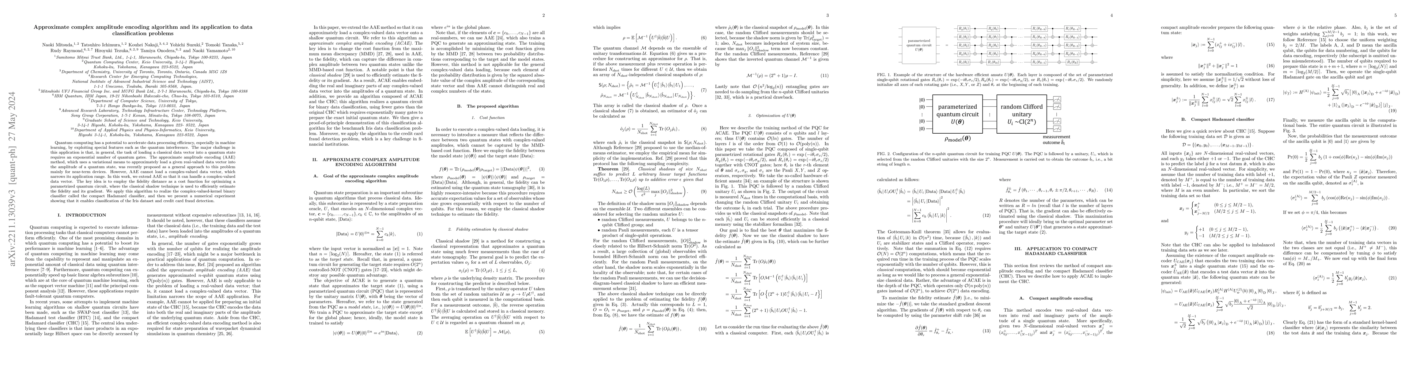 Thumbnail for Approximate complex amplitude encoding algorithm and its application to
  data classification problems