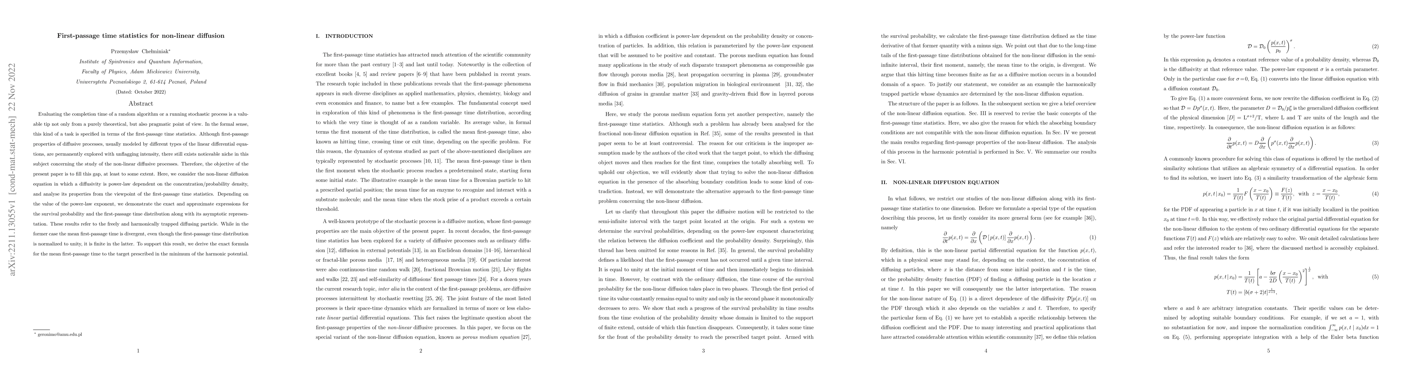Thumbnail for First-passage time statistics for non-linear diffusion