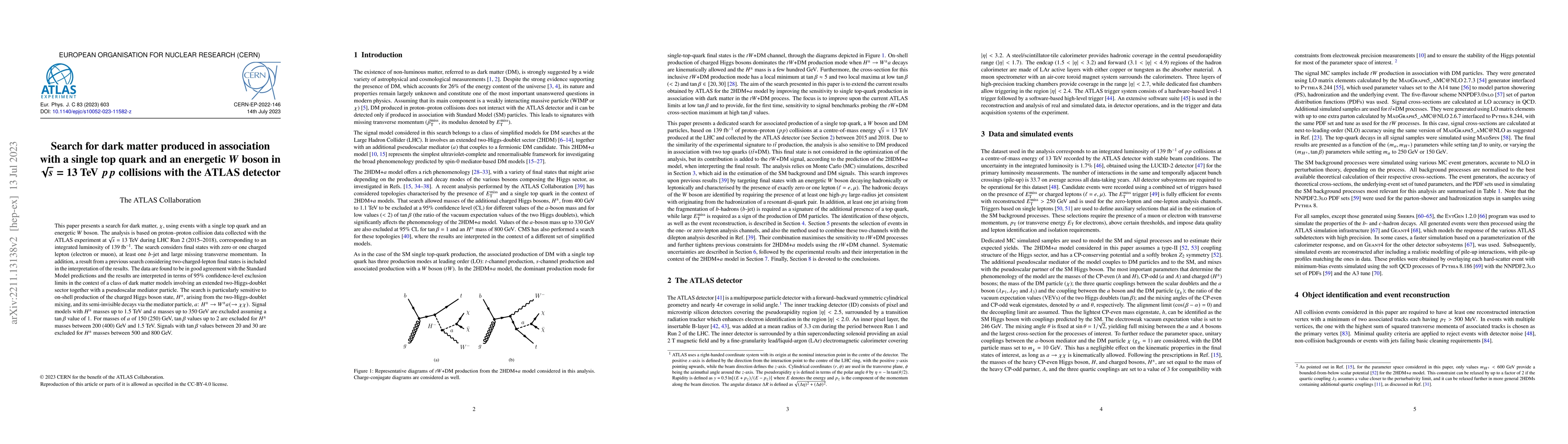 Thumbnail for Search for dark matter produced in association with a single top quark
  and an energetic $W$ boson in $\sqrt{s}=$ 13 TeV $pp$ collisions with the
  ATLAS detector
