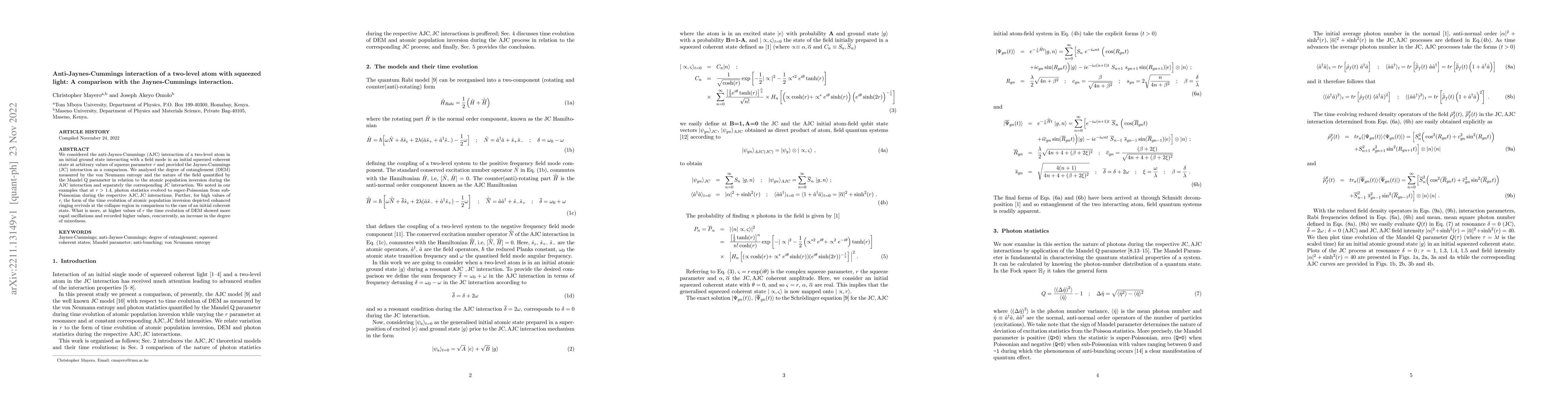 Thumbnail for Anti-Jaynes-Cummings interaction of a two-level atom with squeezed
  light: A comparison with the Jaynes-Cummings interaction